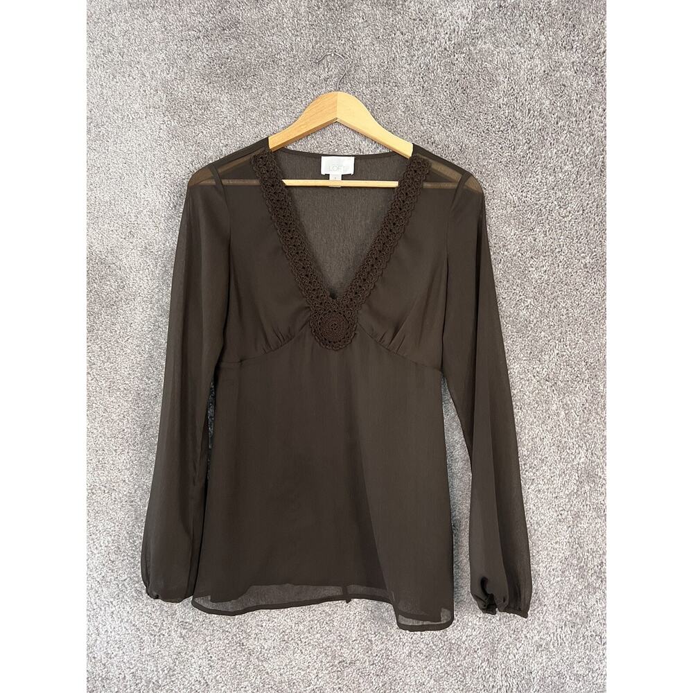 Ann Taylor Women’s Small Brown Sheer Long Sleeve V-Neck Tie Back Blouse Top